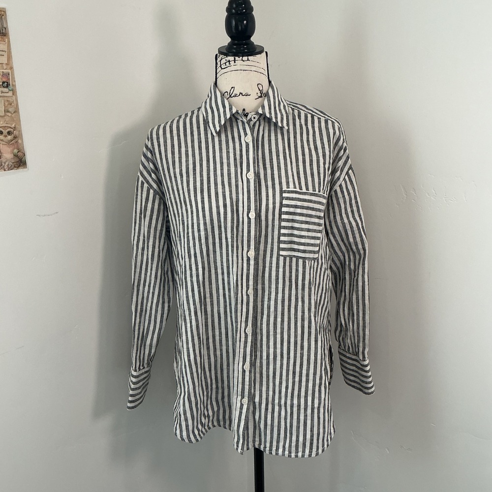 Maeve Anthropologie Striped Button Down Shirt Black White Linen Blend XXS Relax